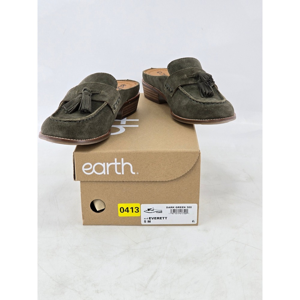 Earth Everett Suede Tassel Mules Womens 5 Dark Green Slip On Loafers - New